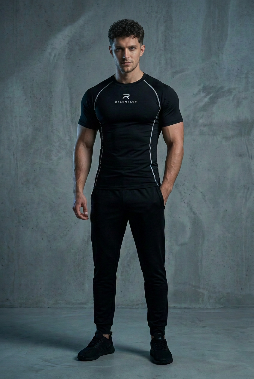 Athlete in the black RELENTLSS compression tee
